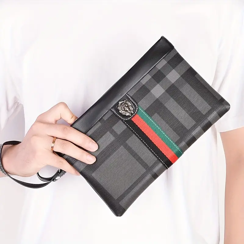 Men's Faux Leather Clutch with Wristlet, Commuter Style, Emblem Detail, Daily Carry, Non-Washable